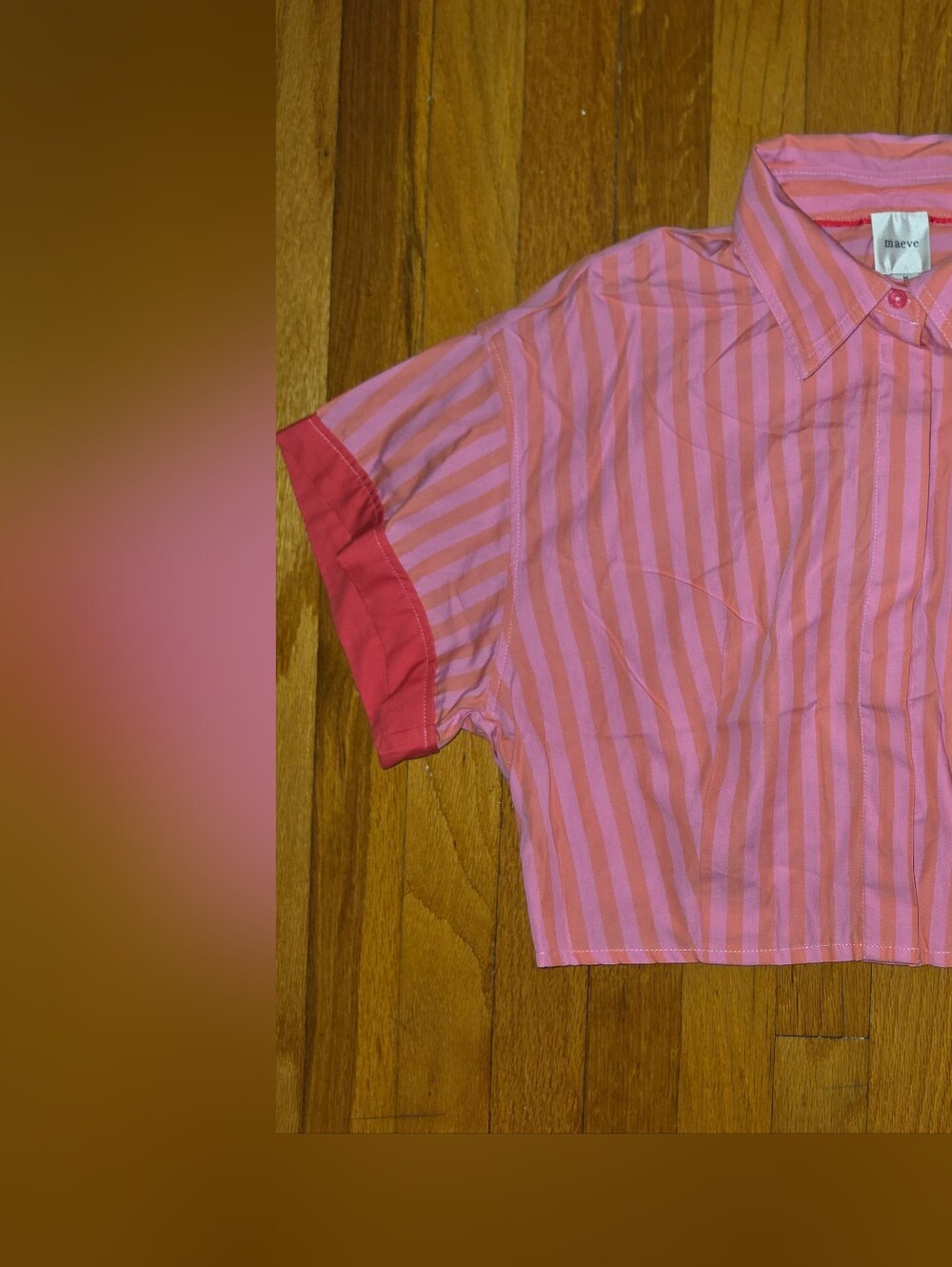 Maeve Pink Striped Button-Down Crop Shirt with Coral Cuffs